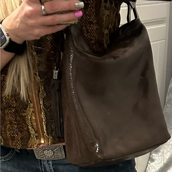 JPK Paris Brown iridescent faux reptile hobo bag with gunmetal hardware. NWOT - Picture 3 of 13